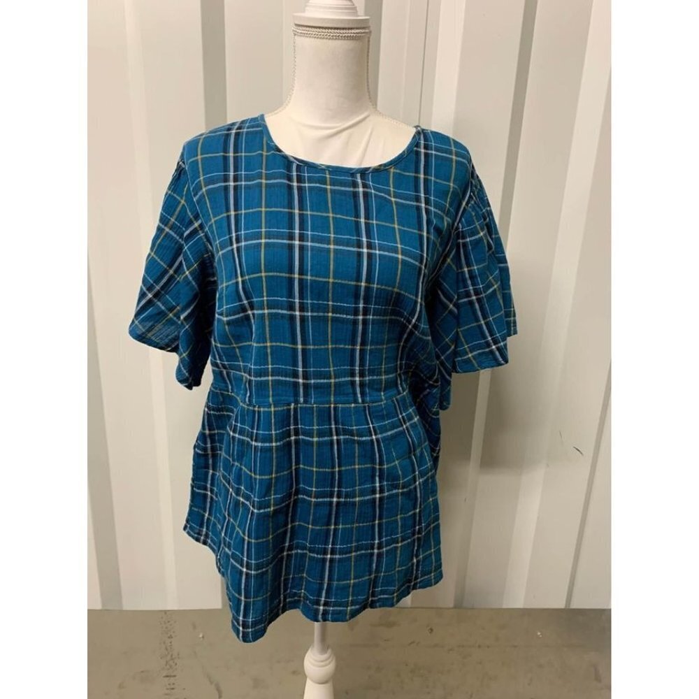 Terra & Sky Plaid Blouse Top Women's Plus Size 0X (14W) Teal Casual Boho U10